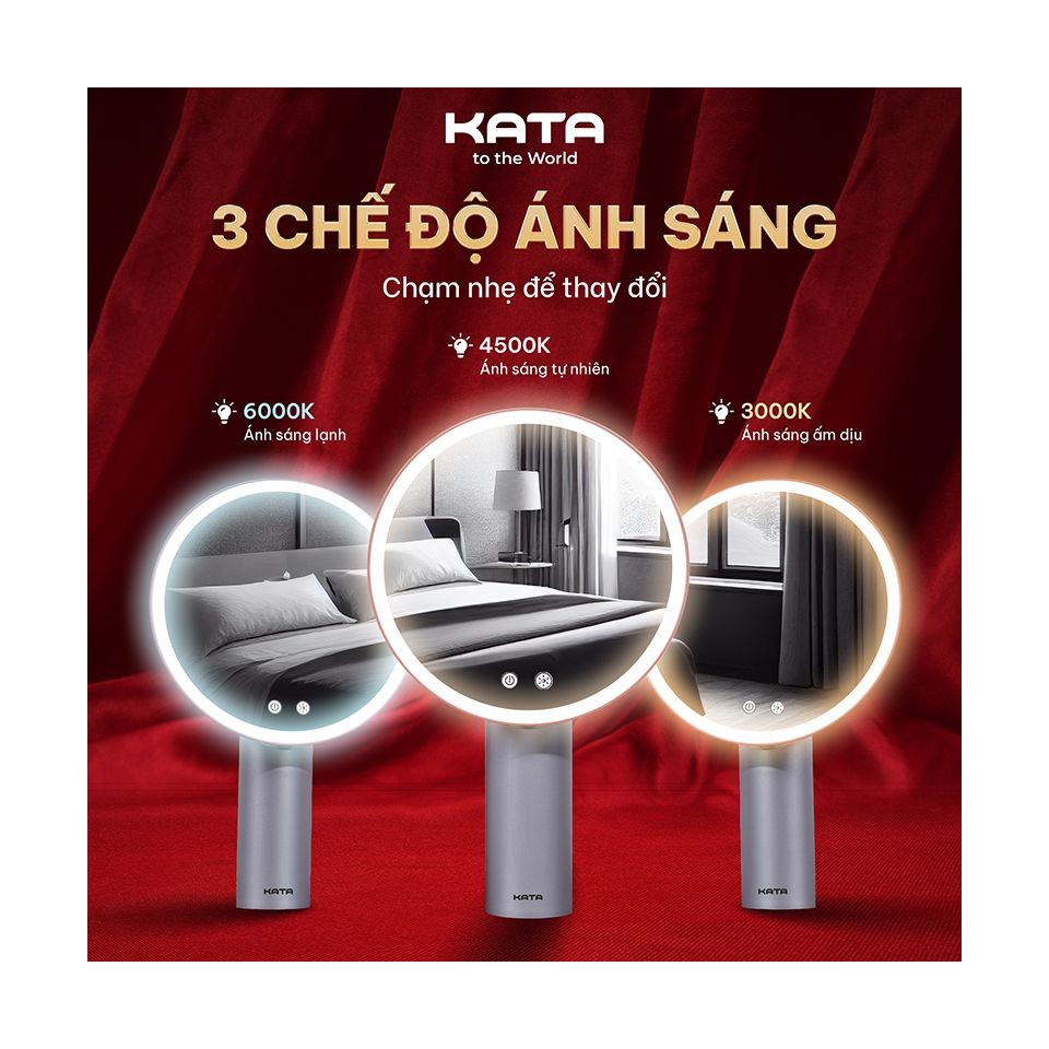 Gương KATA MIRO O2 tích hợp đèn LED 3 chế độ sáng, điều chỉnh cảm ứng mượt mà, giúp bạn trang điểm hoàn hảo mọi lúc